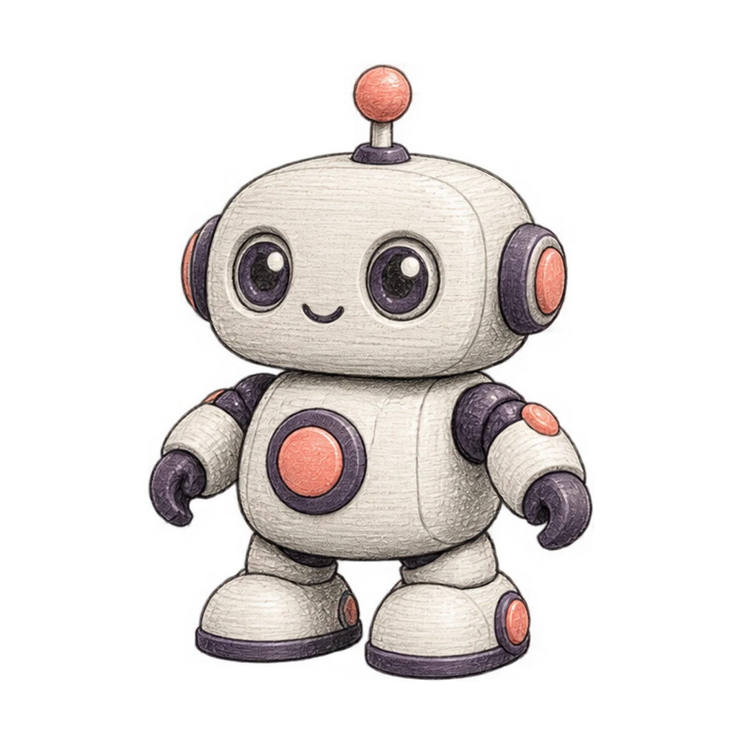 Yuvarlak hatlı, özgün küçük robot figürünün kara kalem eskizi